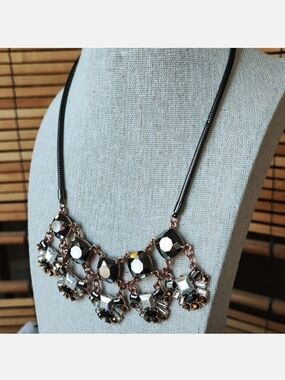 Glass Hematite Faceted Statement Necklace Rose Gold Matte Silver